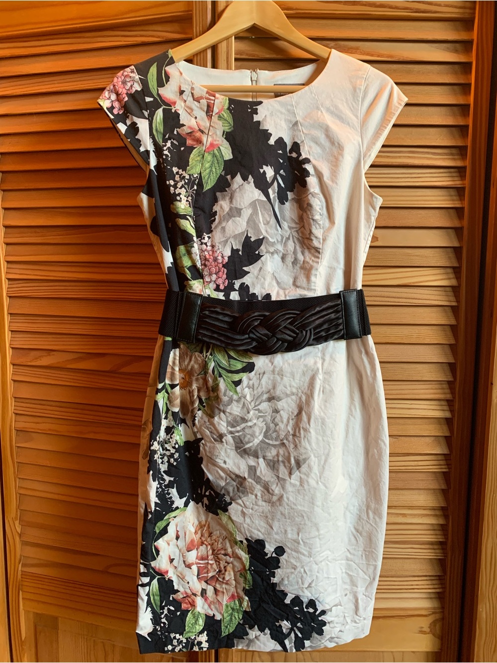 White Floral Midi Sheath Dress with Black Belt